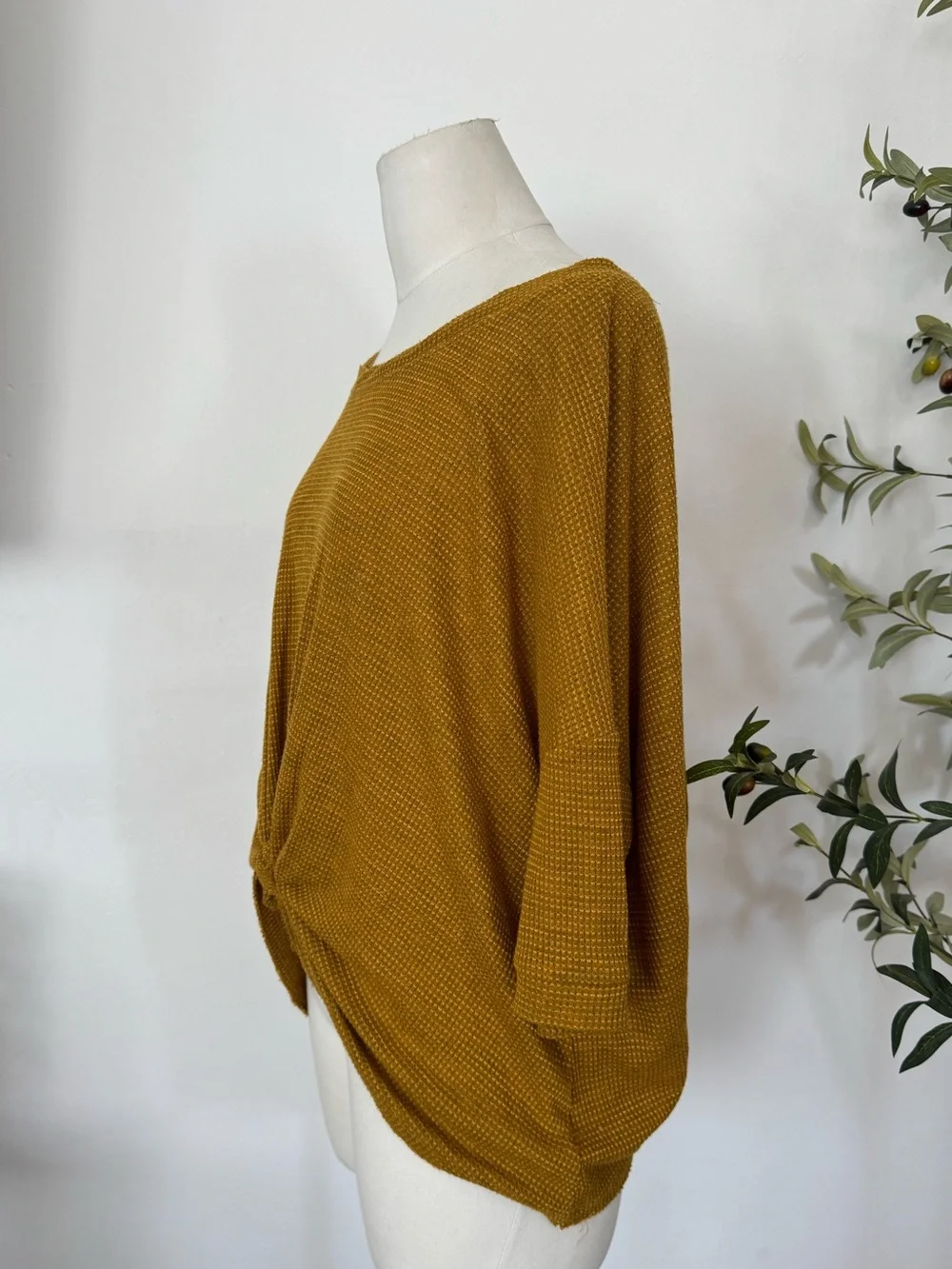 Free People Mustard Waffle Knit Twist Back Oversized Top XS Boho